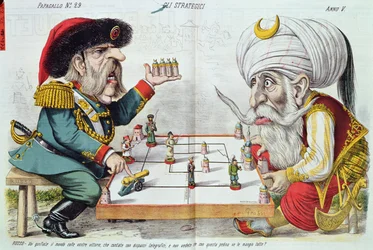 Turkiet och Ryssland spelar ett strategispel, från Le Perroquet, 1877