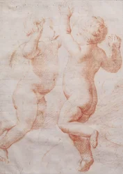 Två dansande putti, ca 1700 (röd krita)