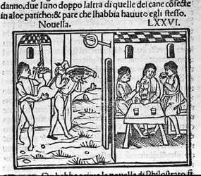 Två män bär en gris på axeln. Illustration för nyheterna 76 (ny 6 av den åttonde dagen) av "Decameron"" av Giovanni Boccaccio dit Jean Boccaccio (1313-1375), italiensk författare. Gravyr i "" Decamerone ouer Cento nouelle"" Venedig, Bartolomeo de