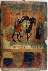 Två skatteinspektörer. Biccherna (omslag till staden Sienas räkenskapsbok). Statsarkivet - Museo delle Tavolette di Biccherna, Siena. Sent 1300-tal - tidigt 1400-tal.