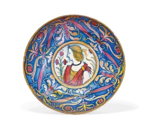 Umbrisk majolika, guld- och rubinglansfotskål, från Deruta till Gubbio, ca 1510-20