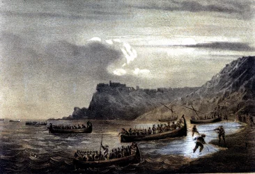 Unite of Italy: expeditionen av de tusen eller röda skjortor ledd av Giuseppe Garibaldi (1807-1882). Avgången för den första flottan av Garibaldians mot Kalabrien vid Fort Stella. Litografi från 1800-talet