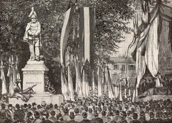 Avtäckning av monumentet till general Giacomo Medici, Milano, Italien, gravyr från teckning av Edoardo Ximenes från fotografiet Rossi, från L