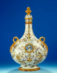 Vas i form av en kalebass i majolika (majolika) tillverkad i fajansfabrikerna Fontana i Urbino i Italien 1570-1580 Paris, Musee du Petro Palais