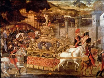 Seger av Lucius Aemilius Paullus eller Paul Emile Makedonien (ca 230-160 f.Kr.) över Persee kung av Makedonien. Detalj av processionen och triumfvagnen. Målning av den florentinska skolan på 1400-talet. Paris, Musée Jacquemart Andre