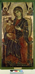 ""Madonna och barn på tronen"" (Jungfru och barn på tronen) Jesu Kristi gloria är markerad med ett kors. Anonym målning av en konstnär från Pisa. Tempera på trä. Cirka 1280 Pushkin Museum, Moskva