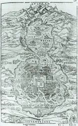 Utsikt från norr om den aztekiska staden Tenochtitlan, från Relatione della Citta del Temistitan av Giovanni Battista Ramusio (1485-1557) publicerad i Venedig 1606