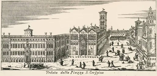 Vy över Piazza San Crispino och Ferrara katedral, gravyr, Italien