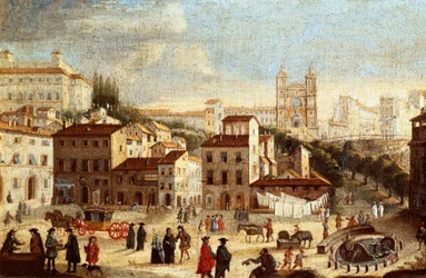 Utsikt över Piazza di Spagna (Piazza di Spagna), med kyrkan Trinita dei Monti (Trinite des Monts) i Rom (Utsikt över Spanientorget och Saint Trinity-kyrkan i Rom) Målning av den romerska skolan - 1600-talet (målning)