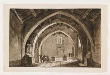 Utsikt över en kyrka interiör, tidigt 1800-tal (penna & brunt bläck & tvätta över svart krita)