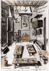 Utsikt över ett kök. Gravyr från "Opera", bok om gastronomi uppdelad i 6 delar, av Bartolomeo Scappi, personlig kock av påven Pius V. Venedig