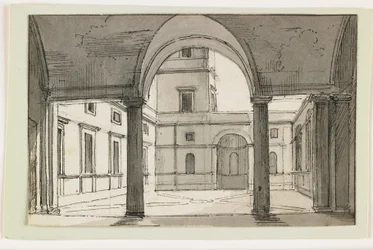 Utsikt över en italiensk pelargång och innergård, tidigt 1800-tal (penna & brunt bläck & grå tvätt över svart krita)