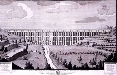 Utsikt över akvedukten som bär vatten till Palazzo di Caserta från Maddaloni (gravyr)