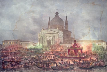 Utsikt över Chiesa del Redentore och båtar på karnevalsdagen