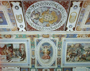 Utsikt över Sala dei Fasti Farnese (Hall of the Splendors of the Farnese) utformad av Onofrio Panvinio och fresker av Taddeo (1529-66) och Federico Zuccaro (1540-1609) 1557-83 (detalj)