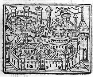 Utsikt över staden Aosta i Italien. Gravyr i "" Tillägg till krönikorna "" av Fra Jacopo Filippo Foresti, Venedig