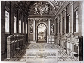 Utsikt över museet för Michele Mercati (1541-1595), förvaltare av Vatikanens botaniska trädgård. Gravyr från "" Metallotheca..." Rom 1717 - 1719