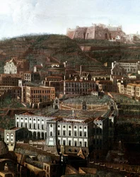 Vy över det gamla domstolshuset som omvandlades till ett palats med hängande trädgårdar i Neapel, anonym, 1700-talet, Neapel, Museo Nazionale di San Martino