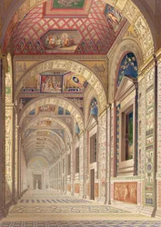 Vy över andra våningens Loggia i Vatikanen, med dekor av Raphael, från Delle Loggie di Rafaele nel Vaticano, publicerad som ett löst blad i upplagan 1814 (handfärgad gravyr)