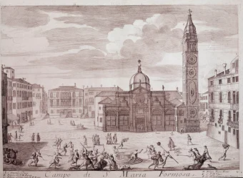 Utsikt över torget i kyrkan Santa Maria Formosa a Venedig Gravyr från "" Teatro di Venezia"" 1700-talets Venedig, Museo Correr