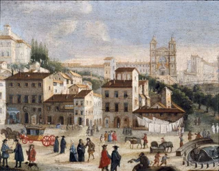 Utsikt över Spaniens torg och Saint Trinity-kyrkan i Rom - 1600-talet (målning)