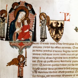 Jungfru och barndetalj. Miniatyr hämtad från "" Breve Populi et Compagniarum Pisani Communis"" (stadgar för staden Pisa) 1300-1308 Pisa Archives of Statyers