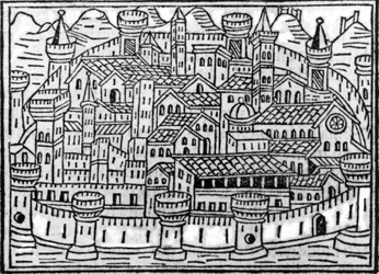 Muromgärdad stad från Supplementum Chronicarum av Giacomo Filippo Foresti, 1506