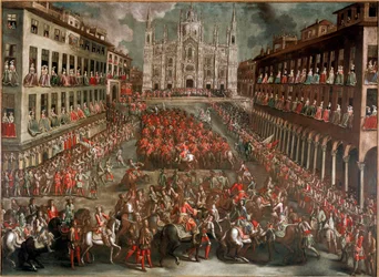 Spanska tronföljdskriget: "" Festligheter organiserade för att fira prins Eugenio di Savoias inträde till Milano (1663-1736) i spetsen för den segerrika armén efter slaget vid Turin den 24/09/1706" (firande på Piazza Duomo i Milano för segraren