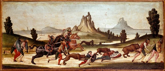 Jaktscen med vilda djur. Jägare blir bitna av djur. Målning från den sienesiska skolan. 1400-talet, Florens, Museo Nazionale del Bargello