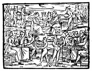 Häxor och trollkarlar festar på sabbaten, illustration från Compendium Maleficarum av Francesco Maria Guazzo, 1608