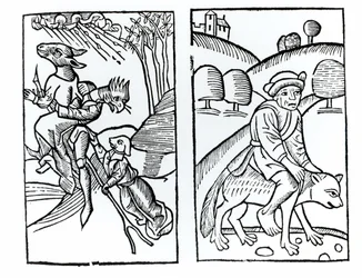 Häxor förklädda till djur som rider på en kvast (vänster) och en manlig häxa som rider på en varg (höger), kopior av illustrationer från Compendium Maleficarum av Fr M Guaccius, Milano 1608, använd i History of Magic