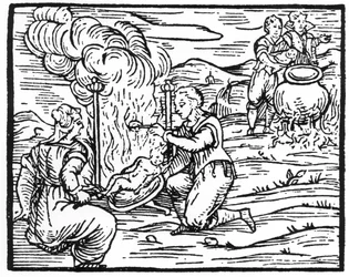 Häxor som steker och kokar spädbarn, kopia av en illustration från Compendium Maleticarum av Fr M Guaccius, Milano 1608, använd i History of Magic, publicerad i slutet av 1800-talet
