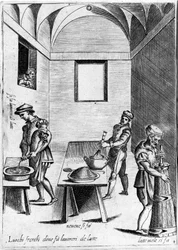 Arbetsmjölk (mejeriprodukt) på en sval plats. Gravyr från "Opera", bok om gastronomi uppdelad i 6 delar, av Bartolomeo Scappi, personlig kock av påven Pius V. Venedig