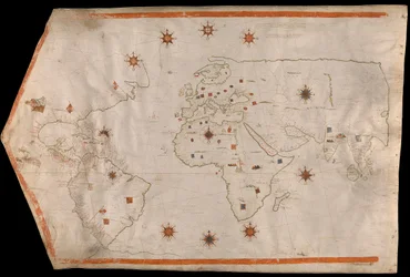 Världskarta på pergament, ca 1540 (pergament)