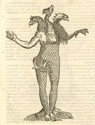 illustration av ett trehövdat monster med huvudet på en räv, drake och örn från Aldrovandis History of Monsters, 1642