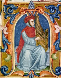 porträtt av Francesco Landini eller Landino som spelar orgel (1325 1397) italiensk kompositör, organist, sångare, poet. Miniatyr av Codex Squarcialupi från 1400-talet. Firenze, bibliotek Laurenziana, Ms. Med. Kompis. 87.