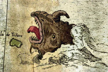 representation av ett marint monster nära Tristan da Cunha-skärgården. Detalj av Atlas of Urbano Monte