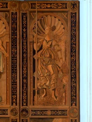 Detalj av en av dörrarna vid Sala degli Angelo, Palazzo Ducale, Urbino (trä)