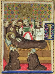 Historikerad initial B som föreställer ett franciskansk helgon på sin dödsbädd