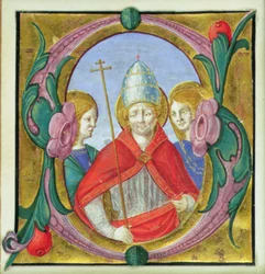 Historikert initial S föreställande St. Gregory och två heliga