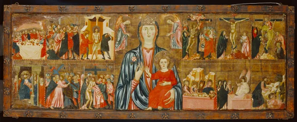 Madonna och barn och två änglar med tolv scener från passionen, ca 1310 (tempera på panel)