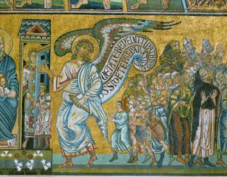 En ängel leder "de rättfärdiga" (mosaik)