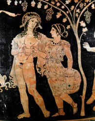 Detalj av en vas från Ruvo i Apulien (Apulien), föreställande två unga äkta par. De håller en bägare vin i händerna. 4:e århundradet f.Kr. Nationella arkeologiska museet, Neapel