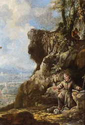 Sankt Franciskus i extas vid en klippa, ett landskap bortom (olja på koppar)