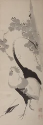 Rooster and Grapevine, Hanging Scroll, Edo Period (bläck på papper)