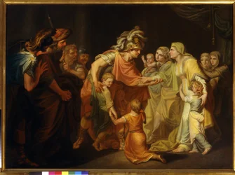Den ryske prinsen Svjatoslav I (ca 945-972) hittar sin familj i Kiev efter kampanjen på Donau 967. Målning av Ivan Akimovich Akimov (1754-1814)