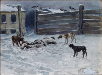 Död av hunger (Drawn from nature) av Vladimirov, Ivan Alexeyevich (1869-1947). Akvarell, Gouache på papper