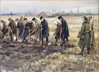 Hårt arbete för rika köpmän, adelsmän och kriminella under revolutionsåren av Vladimirov, Ivan Aleksijevitj (1869-1947). Akvarell, Gouache på papper