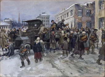 Hungriga arbetare i Petrograd rånar bröd från en militärlastbil av Vladimirov, Ivan Alexeyevich (1869-1947). Akvarell, Gouache på papper