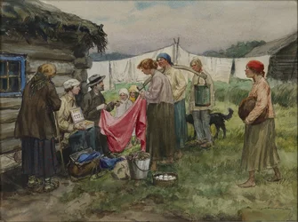 Hungriga år i Petrograd. Byte av varor för proviant i en by nära en järnvägsstation av Vladimirov, Ivan Alexeyevich (1869-1947). Akvarell, Gouache på papper